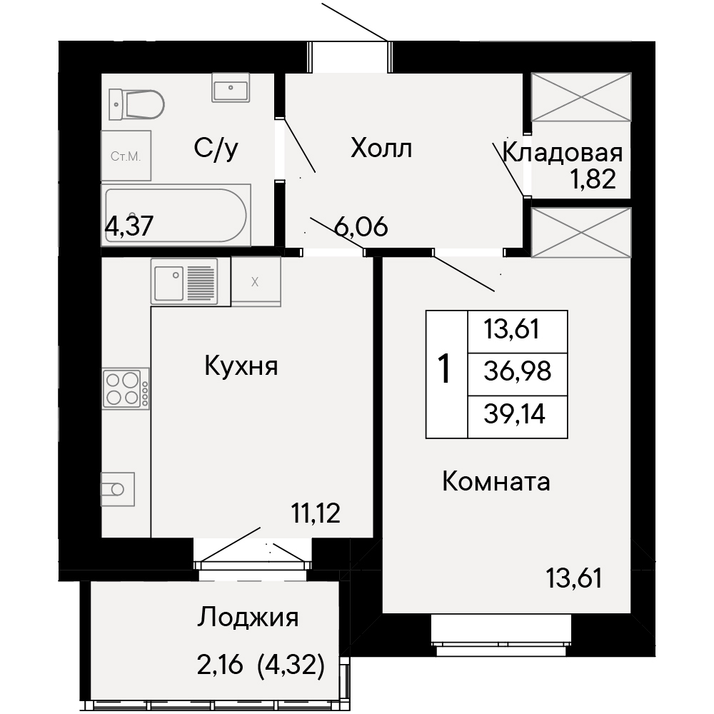 1-комнатная, 39,1 м²