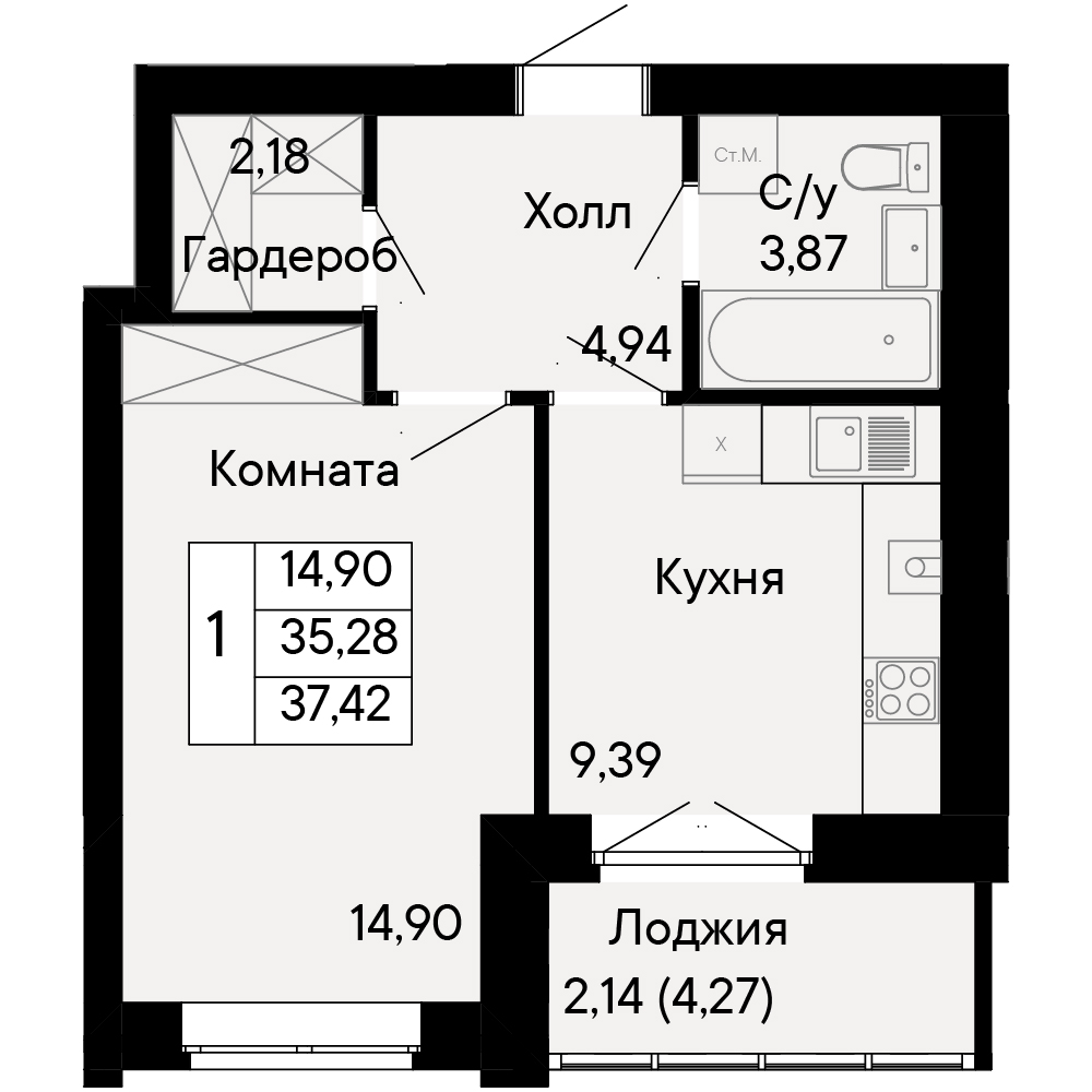 1-комнатная, 37,4 м²