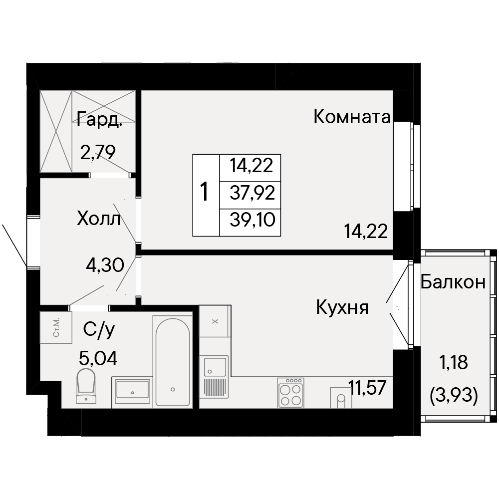 1-комнатная, 39,1 м²