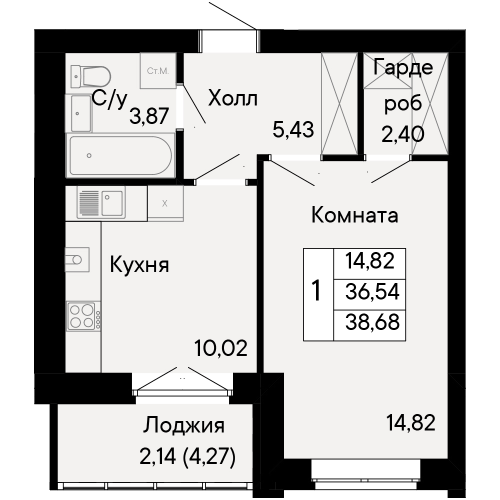 1-комнатная, 38,7 м²