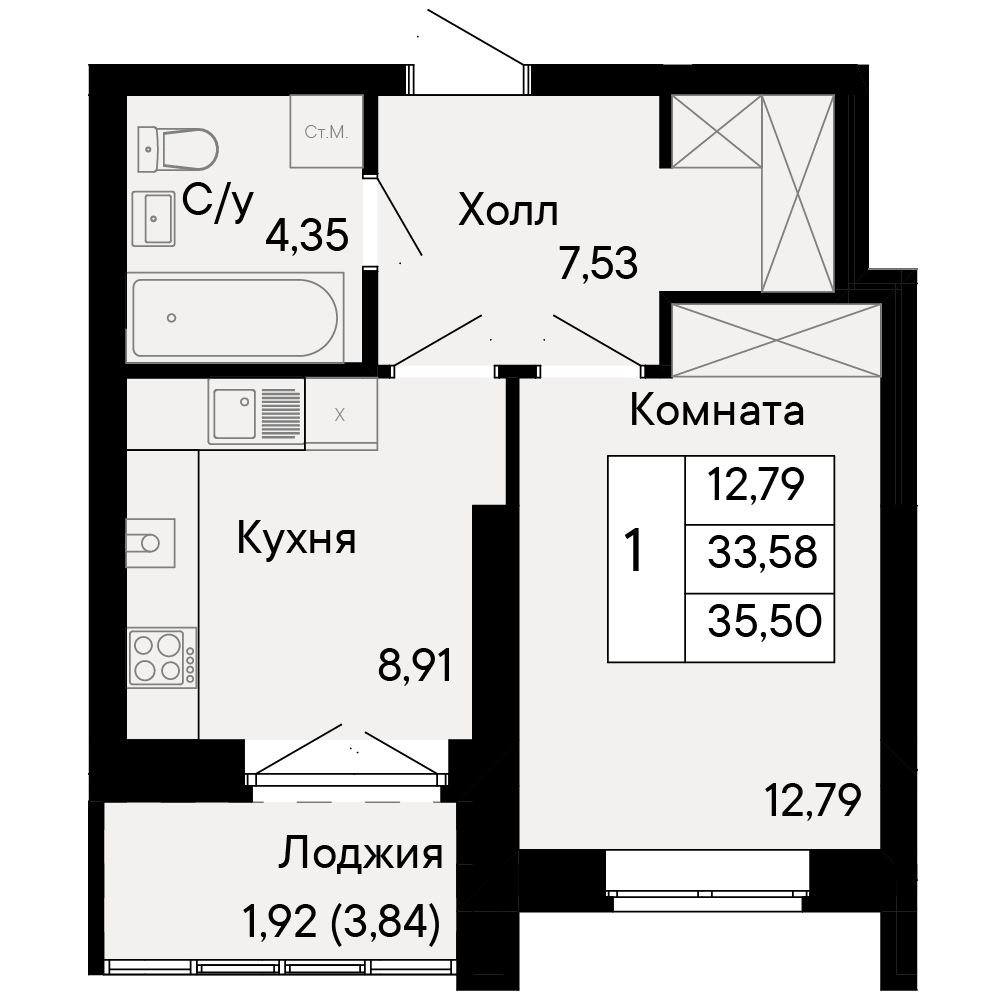 1-комнатная, 35,5 м²